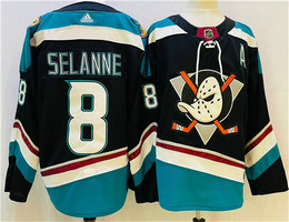 Adidas Anaheim Ducks #8 Teemu Selanne Black Teal Authentic Stitched NHL Jersey