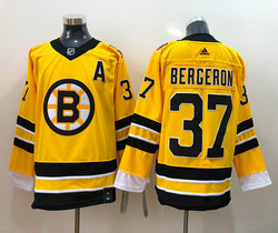 Adidas Boston Bruins #37 Patrice Bergeron Gold 2021 Reverse Retro A patch Authentic Stitched NHL jersey
