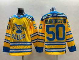 Adidas St. Louis Blues #50 Jordan Binnington Gold 2022-23 Reverse Retro Authentic Stitched NHL jersey