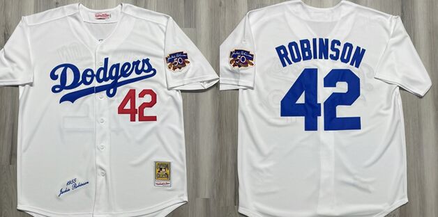 Brooklyn Dodgers #42 Jackie Robinson White 1955 Throwback 50th jersey