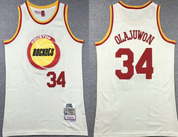 Houston Rockets #34 Hakeem Olajuwon Cream Hardwood Classics Authentic Stitched NBA Jersey