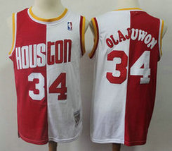 Houston Rockets #34 Hakeem Olajuwon Red and White Game Split Authentic Stitched NBA Jersey