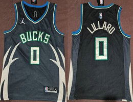 Jordon Milwaukee Bucks #0 Damian Lillard Black Authentic Stitched NBA Jersey