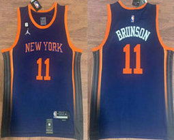 Jordon New Yok Knicks #11 Jalen Brunson Navy Blue 6 Patch Authentic Stitched NBA jersey