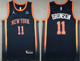 Jordon New Yok Knicks #11 Jalen Brunson Navy Blue With Advertising Authentic Stitched NBA jersey