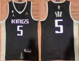 Jordon Sacramento Kings #5 De'Aaron Fox Black 2023 6 Patch Authentic Stitched NBA jersey