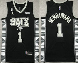 Jordon San Antonio Spurs #1 Victor Wembanyama Black 6 patch With Advertising Authentic Stitched NBA Jersey