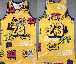Los Angeles Lakers #23 Lebron James Gold Doodle Hardwood Classic Authentic Stitched NBA Jersey