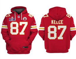 Men's Kansas City Chiefs #87 Travis Kelce Red Super Bowl LVIII Patch Pullover Hoodie