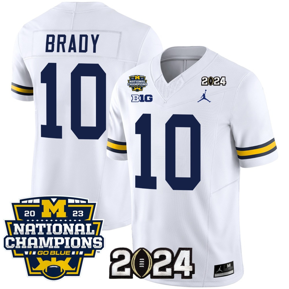Michigan Wolverines #10 Tom Brady White 2024 F.U.S.E. With 2023 National Champions Patch Stitched Jersey