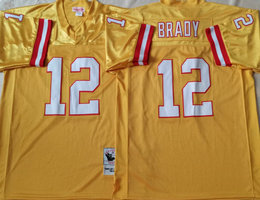 Mitchell And Ness Tampa Bay Buccaneers #12 Tom Brady Yellow Throwback Authentic Stitched NFL Jersey