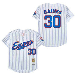 Montreal Expos #30 Tim Raines White Blue Strip 1982 Throwback Authentic Stitched MLB Jersey