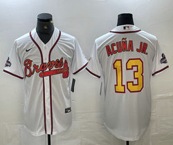 Nike Atlanta Braves #13 Ronald Acuna Jr White Champions Gold name Game Authentic Stitched MLB Jersey