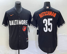 Nike Baltimore Orioles #35 Adley Rutschman Black 2023 City Team Logo on front Game Authentic Stitched MLB Jersey