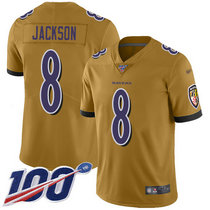 Nike Baltimore Ravens #8 Lamar Jackson With 100th Season Patch Gold Inverted Legend Vapor Untouchable Authentic stitched NFL jersey