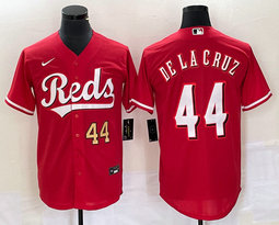 Nike Cincinnati Reds #44 Elly De La Cruz Red Game Gold 44 in front Authentic Stitched MLB Jersey