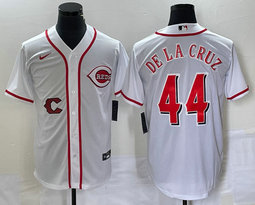 Nike Cincinnati Reds #44 Elly De La Cruz White Game Team Logo in front Authentic Stitched MLB Jersey