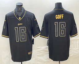 Nike Detroit Lions #16 Jared Goff Black throwback Gold name Authentic Stitched NFL Jersey