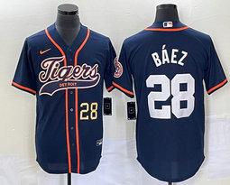 Nike Detroit Tigers #28 Javier Baez Blue Joint Gold 28 in front Stitched MLB Jersey