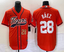 Nike Detroit Tigers #28 Javier Baez Orange Joint Gold 28 in front Stitched MLB Jersey