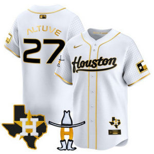 Nike Houston Astros #27 Jose Altuve White Gold With Patch Cool Base Stitched Baseball Jersey