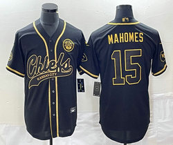 Nike Kansas City Chiefs #15 Patrick Mahomes Black Gold Joint logo in front Authentic Stitched baseball jerseys