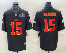 Nike Kansas City Chiefs #15 Patrick Mahomes Black fashion Gold Name With 2024 Super Bowl (LVIII ) patch Jersey