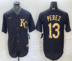 Nike Kansas City Royals #13 Salvador Perez Black Gold 4(IV) Authentic stitched MLB jersey