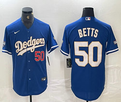 Nike Los Angeles Dodgers #50 Mookie Betts Blue White Gold Number Champions Game Authentic Stitched MLB Jersey
