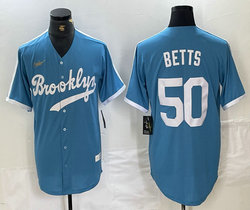 Nike Los Angeles Dodgers #50 Mookie Betts light Blue Gold logo throwback Authentic Stitched MLB Jersey
