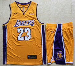 Nike Los Angeles Lakers #23 Lebron James 2018-2019 Gold With Advertising patch Game Authentic Stitched NBA Suit