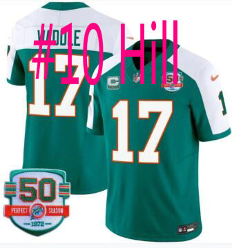 Nike Miami Dolphins #10 Tyreek Hill Aqua C patch 50th Anniversary patch NFL Jersey