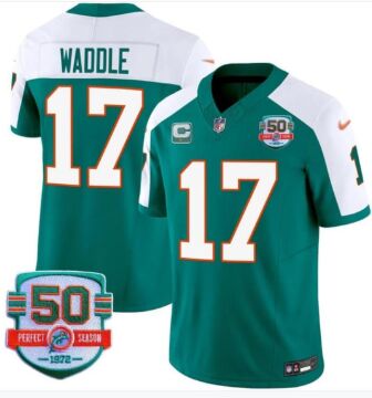 Nike Miami Dolphins #17 Jaylen Waddle Aqua C patch 50th Anniversary patch NFL Jersey