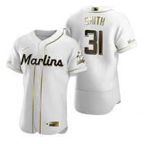 Nike Miami Marlins #31 Caleb Smith White Golden Flexbase Authentic Stitched MLB Jersey