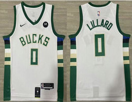 Nike Milwaukee Bucks #0 Damian Lillard White With Advertising Authentic Stitched NBA Jersey