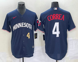 Nike Minnesota Twins #4 Carlos Correa Navy Blue Gold 4 on front Game Authentic stitched MLB jersey
