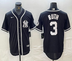 Nike New York Yankees #3 Babe Ruth Black Stripe Logo With Name Joint Stitched MLB Jersey