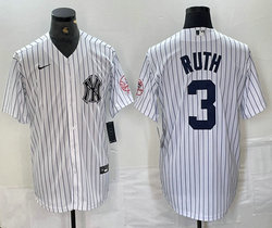 Nike New York Yankees #3 Babe Ruth White Stripe Logo With Name Joint Stitched MLB Jersey