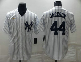 Nike New York Yankees #44 Reggie Jackson White Stripe Gold logo Game With Name Authentic Stitched MLB Jersey