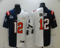 Nike Patriots Buccaneers #12 Tom Brady Blue White Split 2021 Super Bowl LV Authentic Stitched NFL Jersey
