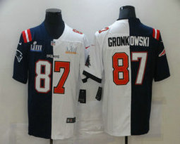 Nike Patriots Buccaneers #87 Rob Gronkowski Blue White Split 2021 Super Bowl LV Authentic Stitched NFL Jersey