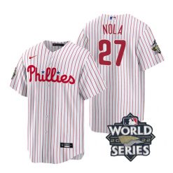 Nike Philadelphia Phillies #27 Aaron Nola 2022 World Series White (Red Strip) Game Authentic Stitched MLB Jersey