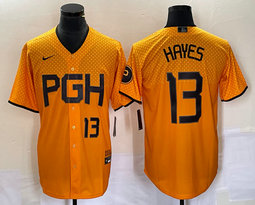 Nike Pittsburgh Pirates #13 KeBryan Hayes Gold City Black 22 in front Game Authentic stitched MLB jersey