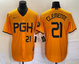 Nike Pittsburgh Pirates #21 Roberto Clemente Gold City Black 22 in front Game Authentic stitched MLB jersey