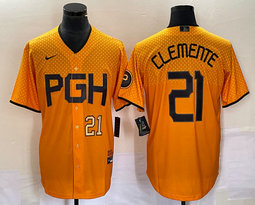 Nike Pittsburgh Pirates #21 Roberto Clemente Gold City Gold 22 in front Game Authentic stitched MLB jersey
