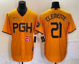 Nike Pittsburgh Pirates #21 Roberto Clemente Gold City Red 22 in front Game Authentic stitched MLB jersey