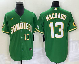 Nike San Diego Padres #13 Manny Machado Green Joint Gold #13 in front baseball jersey