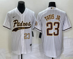 Nike San Diego Padres #23 Fernando Tatis Jr White Stripe Joint Gold 23 On front Vapor Untouchable baseball jersey