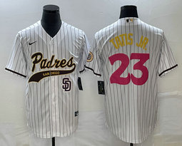 Nike San Diego Padres #23 Fernando Tatis Jr White Stripe Joint Team Logo On front Authentic Stitched MLB Jersey