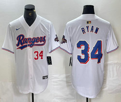 Nike Texas Rangers #34 Nolan Ryan White Champions Gold name Red 31 front Authentic Stitched MLB Jersey